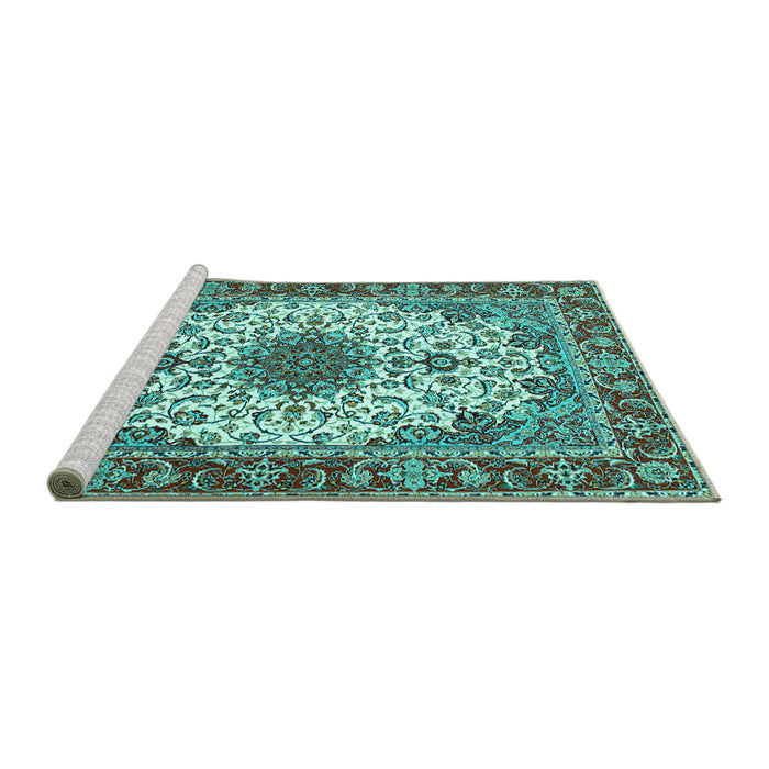 Sideview of Machine Washable Persian Turquoise Traditional Area Rugs, wshtr3197turq