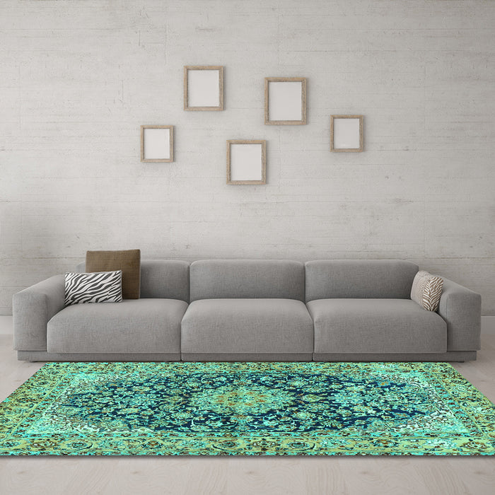Machine Washable Persian Turquoise Traditional Area Rugs in a Living Room,, wshtr3198turq