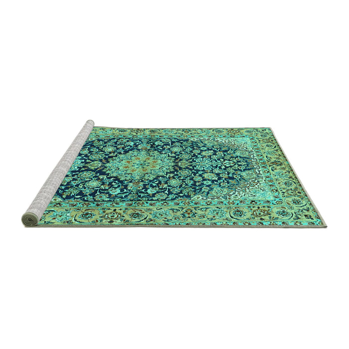 Sideview of Machine Washable Persian Turquoise Traditional Area Rugs, wshtr3198turq