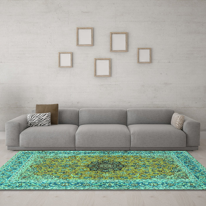 Machine Washable Persian Turquoise Traditional Area Rugs in a Living Room,, wshtr3199turq