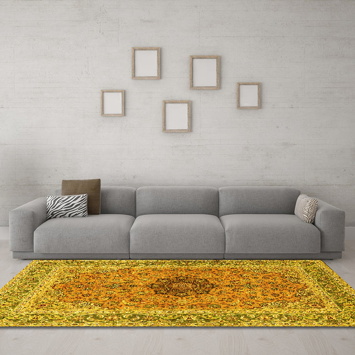 Machine Washable Persian Yellow Traditional Rug in a Living Room, wshtr3199yw