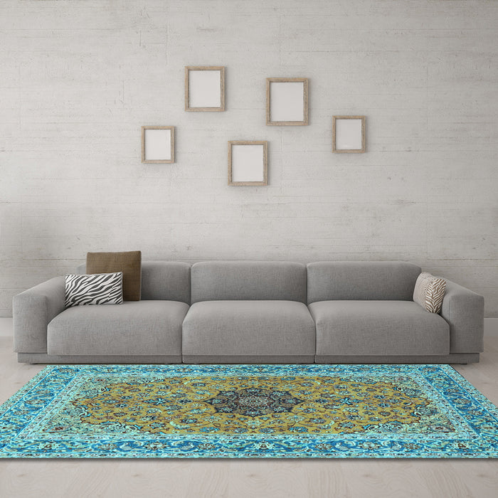Machine Washable Persian Light Blue Traditional Rug in a Living Room, wshtr3199lblu