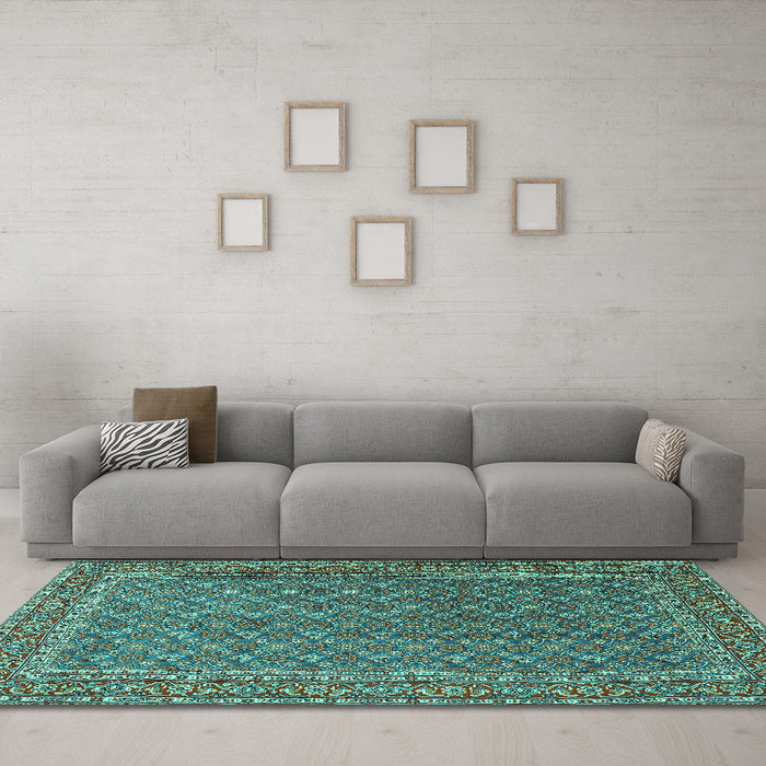 Machine Washable Persian Turquoise Traditional Area Rugs in a Living Room,, wshtr3200turq