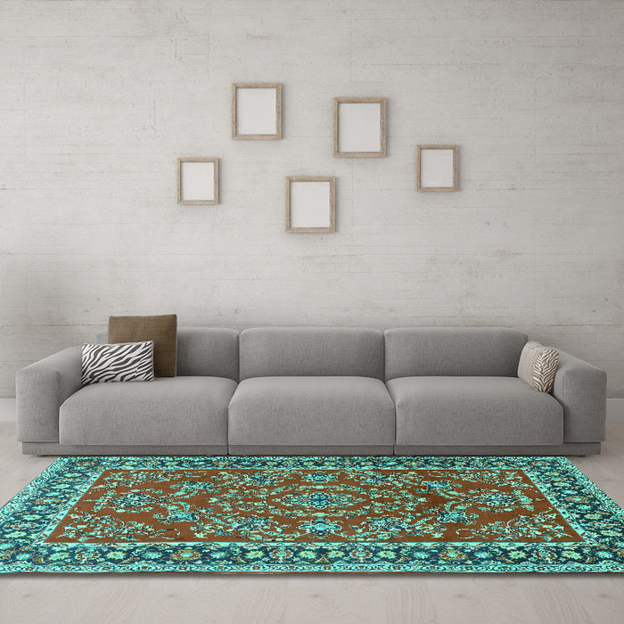 Machine Washable Persian Turquoise Traditional Area Rugs in a Living Room,, wshtr3202turq