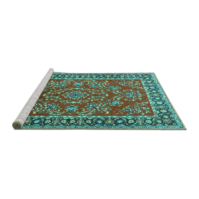 Sideview of Machine Washable Persian Turquoise Traditional Area Rugs, wshtr3202turq