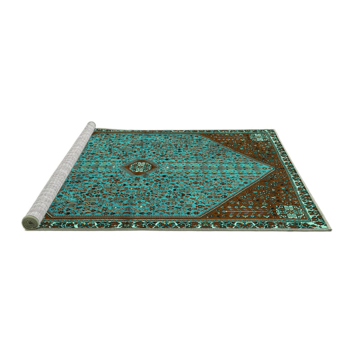 Sideview of Machine Washable Persian Turquoise Traditional Area Rugs, wshtr3203turq