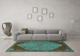 Machine Washable Persian Turquoise Traditional Area Rugs in a Living Room,, wshtr3203turq