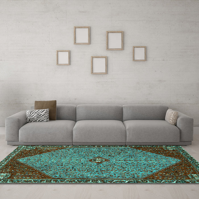 Machine Washable Persian Turquoise Traditional Area Rugs in a Living Room,, wshtr3203turq