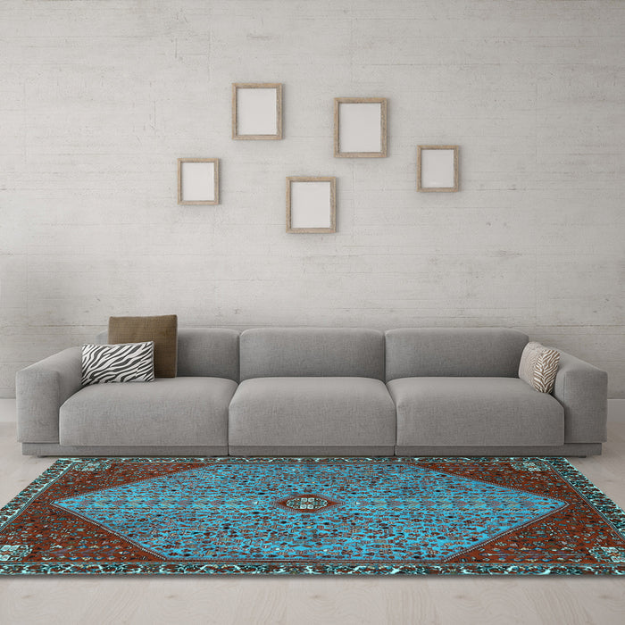 Machine Washable Persian Light Blue Traditional Rug in a Living Room, wshtr3203lblu