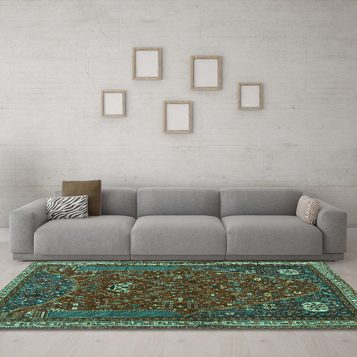 Machine Washable Persian Turquoise Traditional Area Rugs in a Living Room,, wshtr3204turq