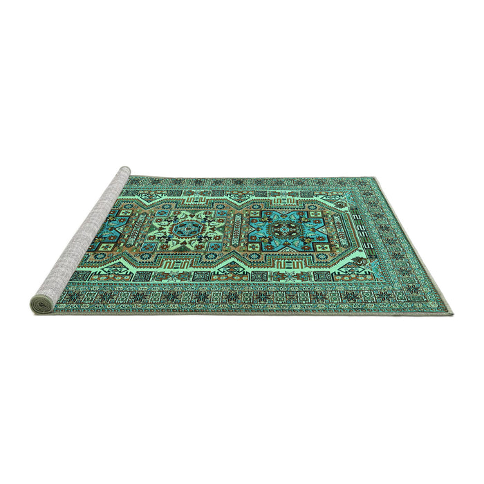 Sideview of Machine Washable Persian Turquoise Traditional Area Rugs, wshtr3205turq