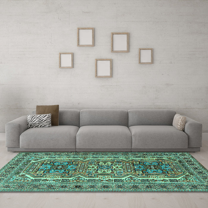 Machine Washable Persian Turquoise Traditional Area Rugs in a Living Room,, wshtr3205turq