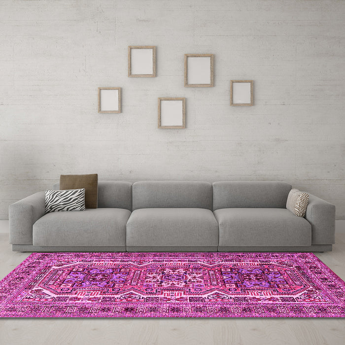 Machine Washable Persian Pink Traditional Rug in a Living Room, wshtr3205pnk