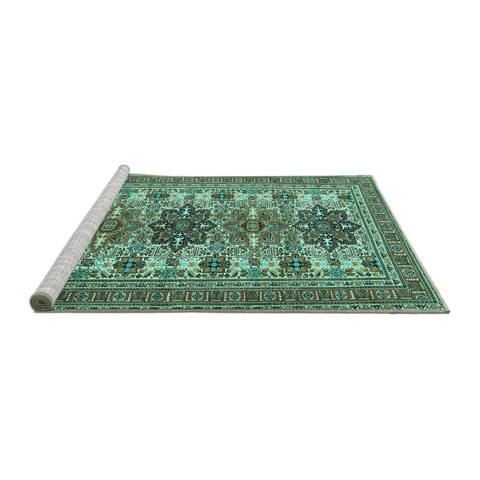 Sideview of Machine Washable Persian Turquoise Traditional Area Rugs, wshtr3206turq