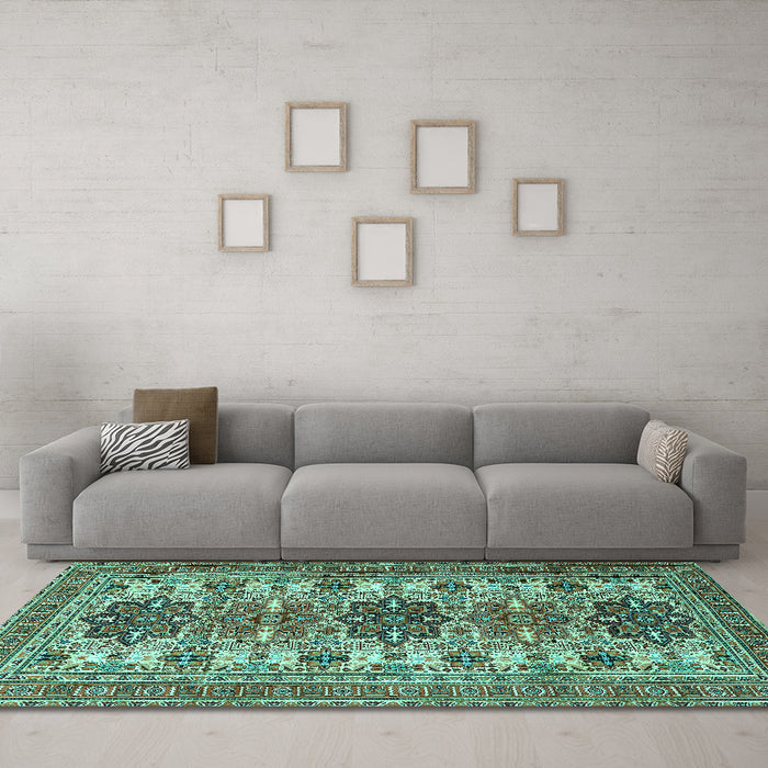 Machine Washable Persian Turquoise Traditional Area Rugs in a Living Room,, wshtr3206turq