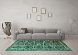 Machine Washable Persian Turquoise Traditional Area Rugs in a Living Room,, wshtr3207turq