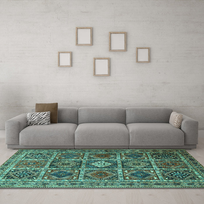 Machine Washable Persian Turquoise Traditional Area Rugs in a Living Room,, wshtr3207turq