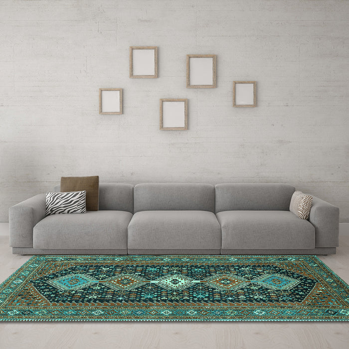 Machine Washable Persian Turquoise Traditional Area Rugs in a Living Room,, wshtr3208turq