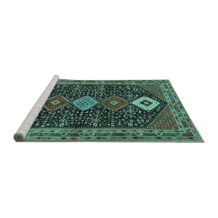 Sideview of Machine Washable Persian Turquoise Traditional Area Rugs, wshtr3209turq