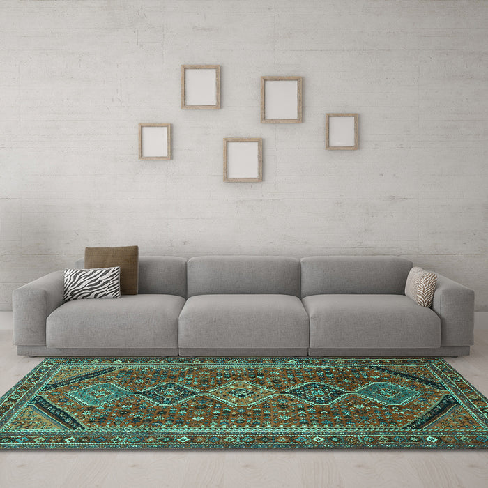 Machine Washable Persian Turquoise Traditional Area Rugs in a Living Room,, wshtr3210turq