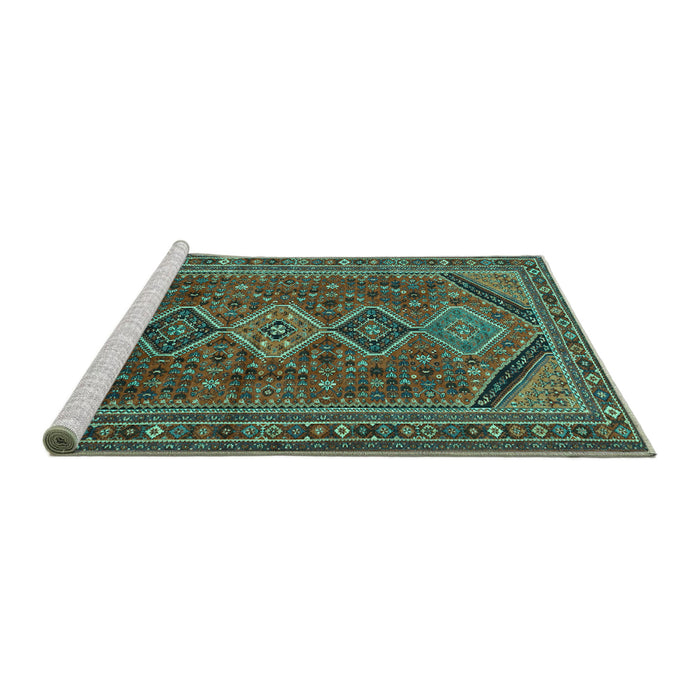 Sideview of Machine Washable Persian Turquoise Traditional Area Rugs, wshtr3210turq