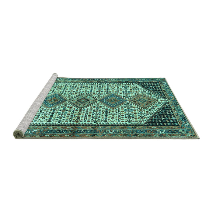 Sideview of Machine Washable Persian Turquoise Traditional Area Rugs, wshtr3211turq