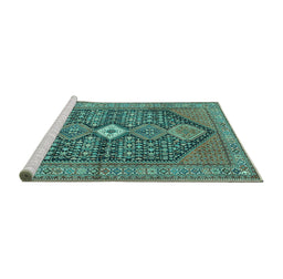 Sideview of Machine Washable Persian Turquoise Traditional Area Rugs, wshtr3213turq