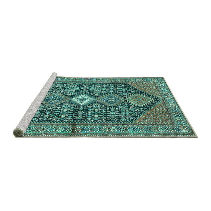 Sideview of Machine Washable Persian Turquoise Traditional Area Rugs, wshtr3213turq