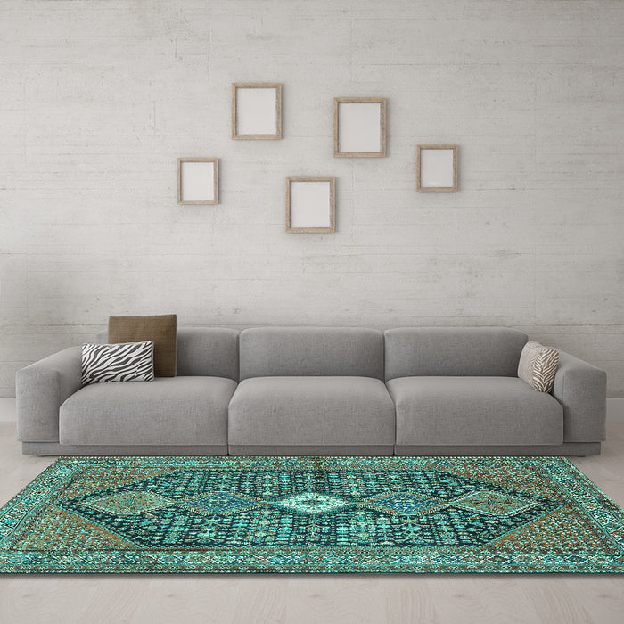 Machine Washable Persian Turquoise Traditional Area Rugs in a Living Room,, wshtr3213turq