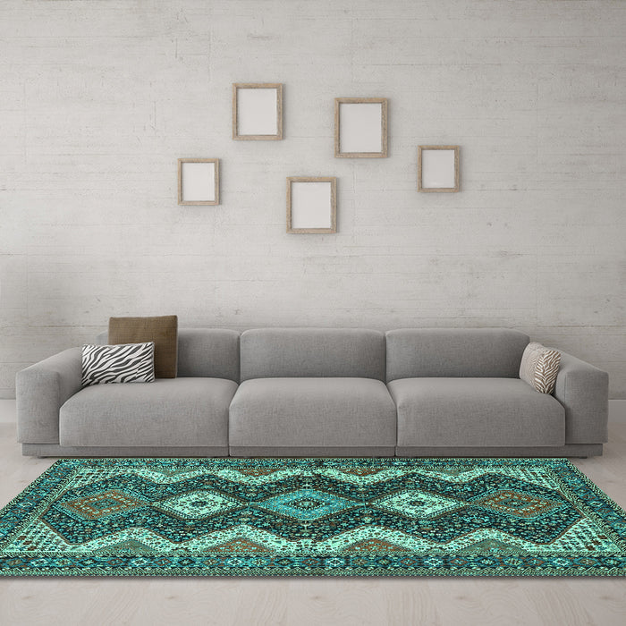 Machine Washable Persian Turquoise Traditional Area Rugs in a Living Room,, wshtr3214turq