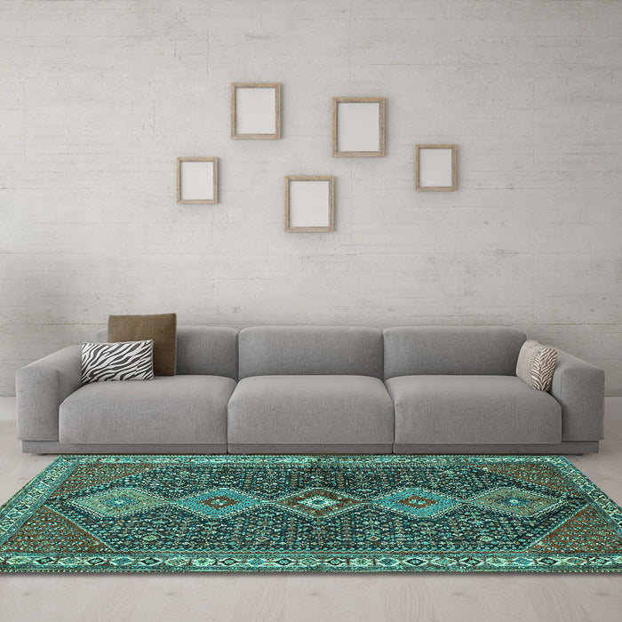 Machine Washable Persian Turquoise Traditional Area Rugs in a Living Room,, wshtr3215turq