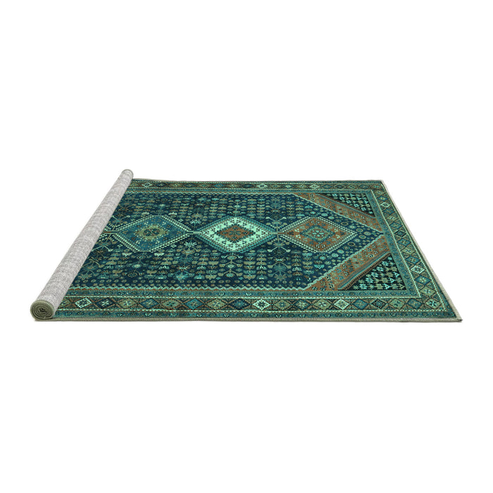 Sideview of Machine Washable Persian Turquoise Traditional Area Rugs, wshtr3216turq