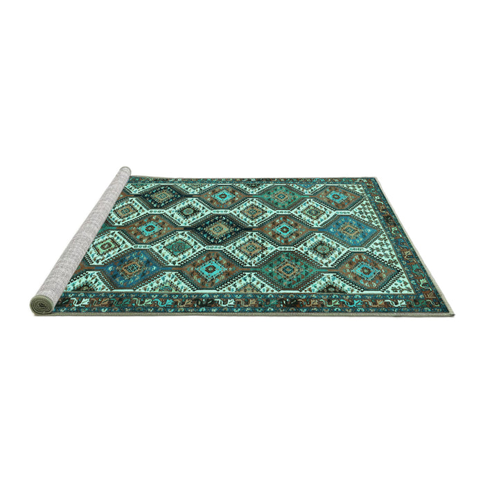 Sideview of Machine Washable Persian Turquoise Traditional Area Rugs, wshtr3217turq