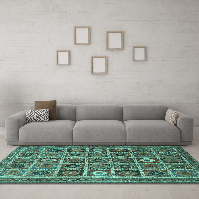 Machine Washable Persian Turquoise Traditional Area Rugs in a Living Room,, wshtr3218turq