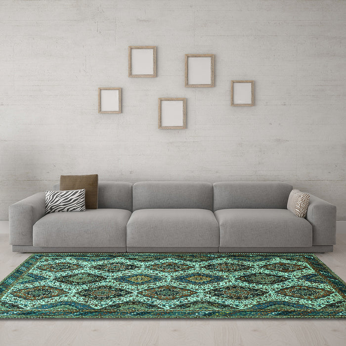 Machine Washable Persian Turquoise Traditional Area Rugs in a Living Room,, wshtr3219turq