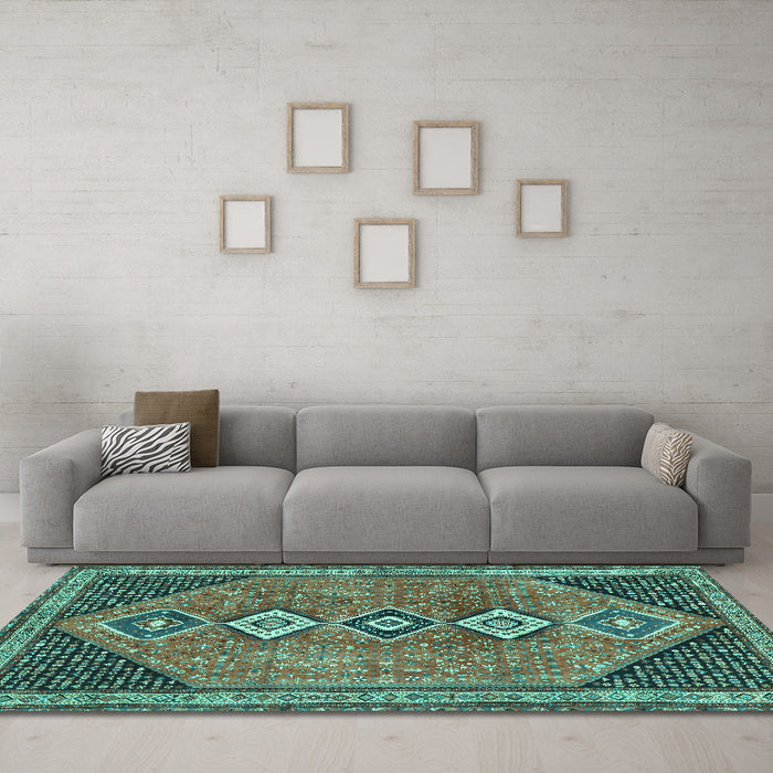 Machine Washable Persian Turquoise Traditional Area Rugs in a Living Room,, wshtr3220turq