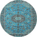 Round Machine Washable Medallion Light Blue Traditional Rug, wshtr3221lblu