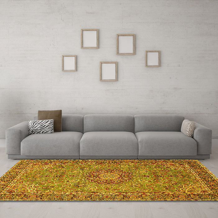 Machine Washable Medallion Yellow Traditional Rug in a Living Room, wshtr3221yw