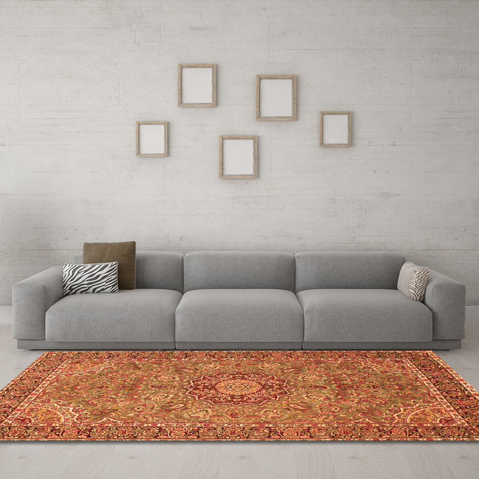 Machine Washable Medallion Orange Traditional Area Rugs in a Living Room, wshtr3221org