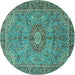 Round Machine Washable Medallion Turquoise Traditional Area Rugs, wshtr3221turq