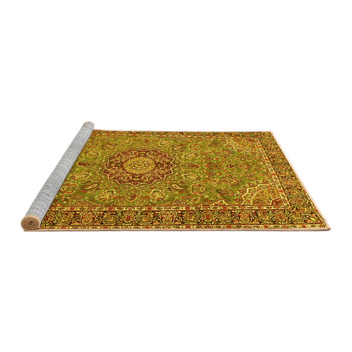 Sideview of Machine Washable Medallion Yellow Traditional Rug, wshtr3221yw