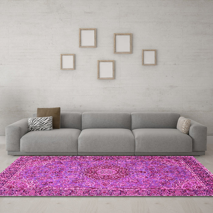 Machine Washable Medallion Pink Traditional Rug in a Living Room, wshtr3221pnk