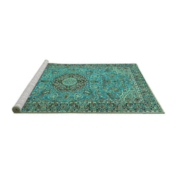 Sideview of Machine Washable Medallion Turquoise Traditional Area Rugs, wshtr3221turq