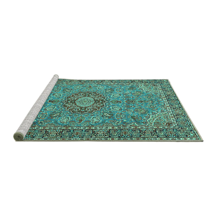 Sideview of Machine Washable Medallion Turquoise Traditional Area Rugs, wshtr3221turq