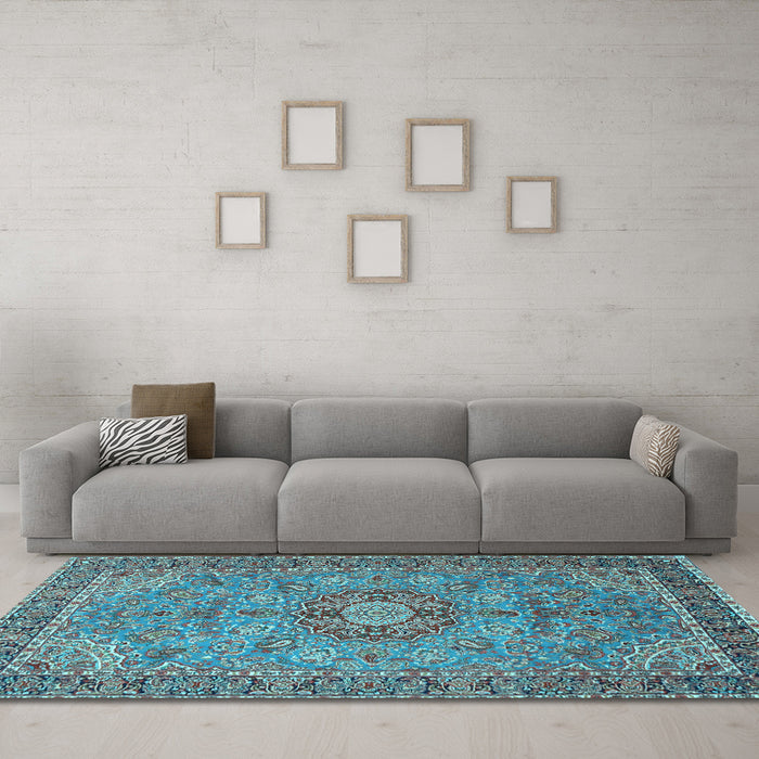 Machine Washable Medallion Light Blue Traditional Rug in a Living Room, wshtr3221lblu