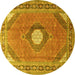 Round Machine Washable Medallion Yellow Traditional Rug, wshtr322yw