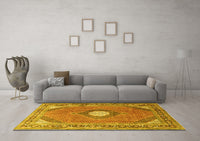 Machine Washable Medallion Yellow Traditional Rug, wshtr322yw