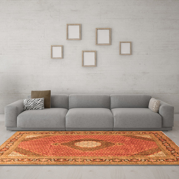 Machine Washable Medallion Orange Traditional Area Rugs in a Living Room, wshtr322org