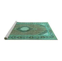 Sideview of Machine Washable Medallion Turquoise Traditional Area Rugs, wshtr322turq