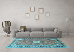 Machine Washable Medallion Light Blue Traditional Rug in a Living Room, wshtr322lblu